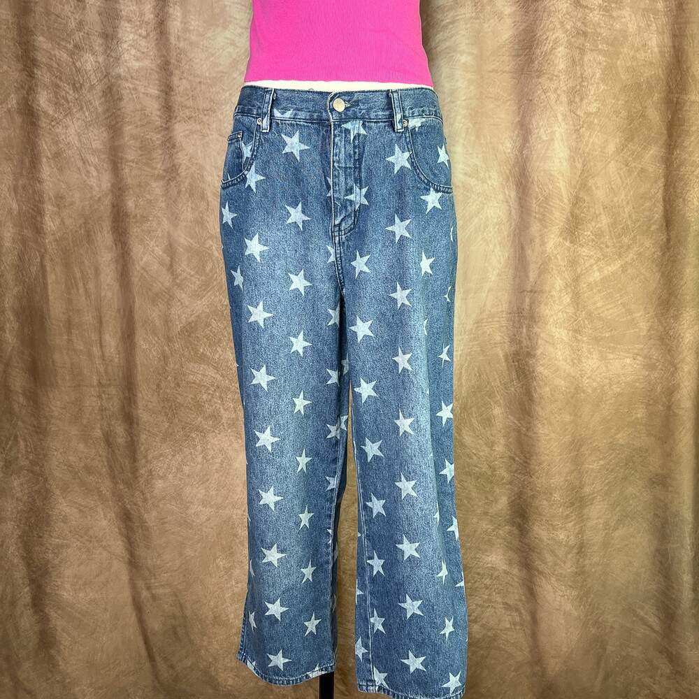 Y2K Star Jeans Blue Denim Wide Leg High Rise All Over Print Streetwear 2000s